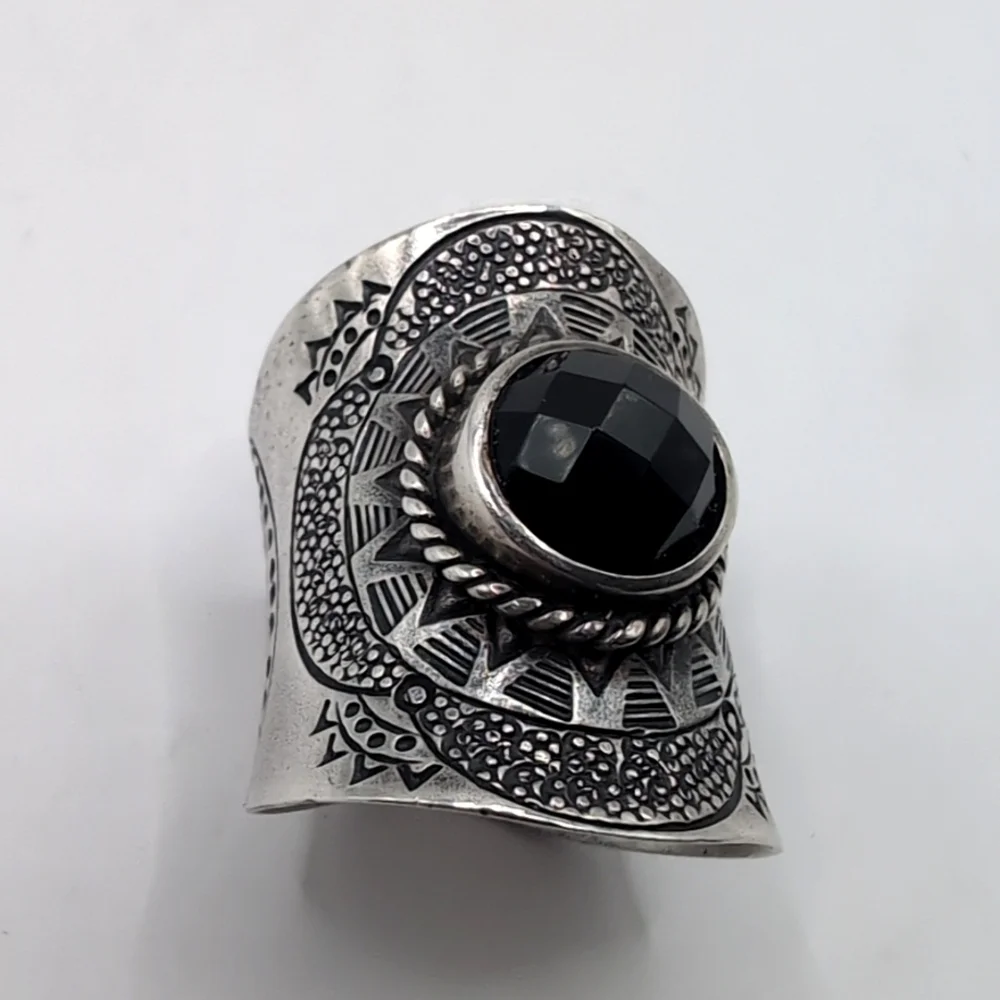 Vintage NF 925 Sterling Silver Faceted Black Stone Hematite Thai Thailand Ring